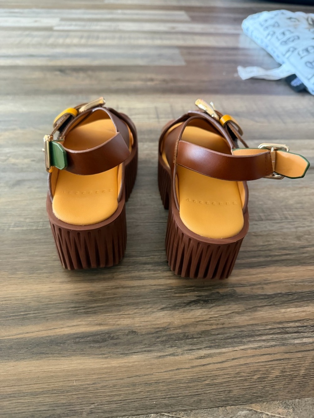 4CCCEES Brown Platform Slingback Sandals with Green Strap and Gold Buckle - Picture 3 of 3